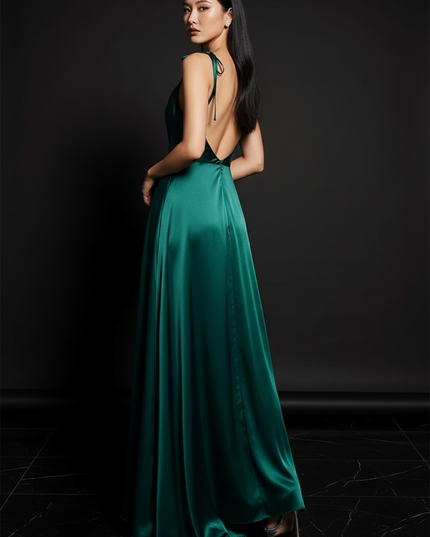 Satin Kleid - Satin Abendkleid Elegant Gruen - Cowl Neck Maxi - Ansicht 2