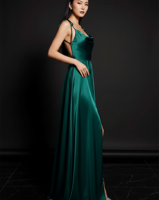 Satin Kleid - Satin Abendkleid Elegant Gruen - Cowl Neck Maxi - Ansicht 3