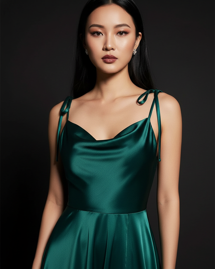 Satin Kleid - Satin Abendkleid Elegant Gruen - Cowl Neck Maxi - Ansicht 4