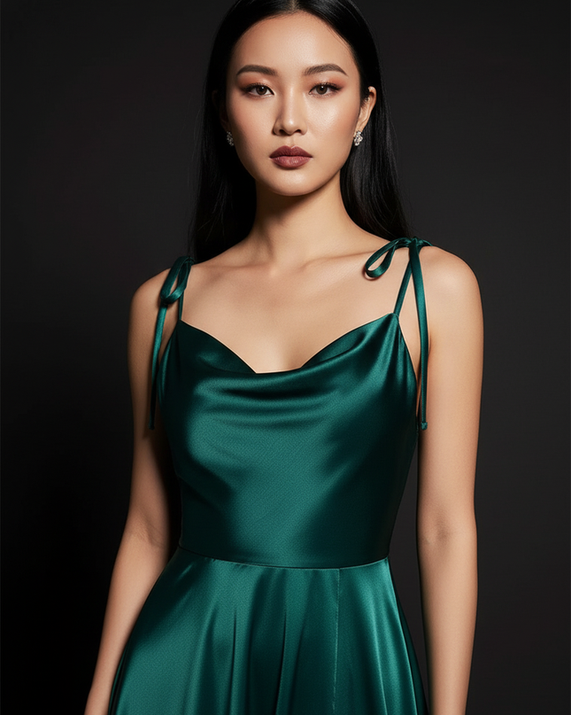 Satin Kleid - Satin Abendkleid Elegant Gruen - Cowl Neck Maxi - Ansicht 4