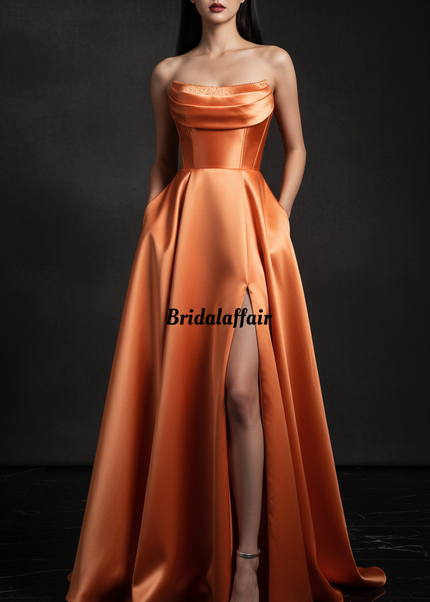 Satinkleid orange - Orangefarbenes Satin Abendkleid Corsage - Ansicht 1