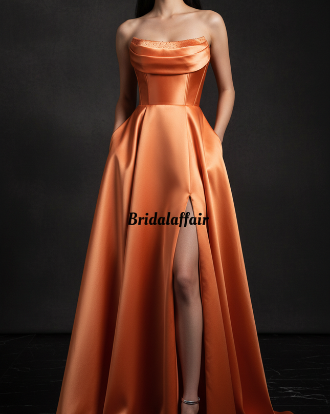 Satinkleid orange - Orangefarbenes Satin Abendkleid Corsage - Ansicht 1