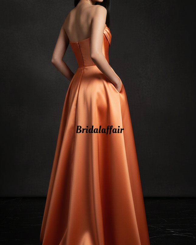 Satinkleid orange - Orangefarbenes Satin Abendkleid Corsage - Ansicht 2