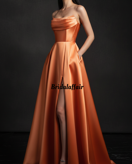 Satinkleid orange - Orangefarbenes Satin Abendkleid Corsage - Ansicht 3