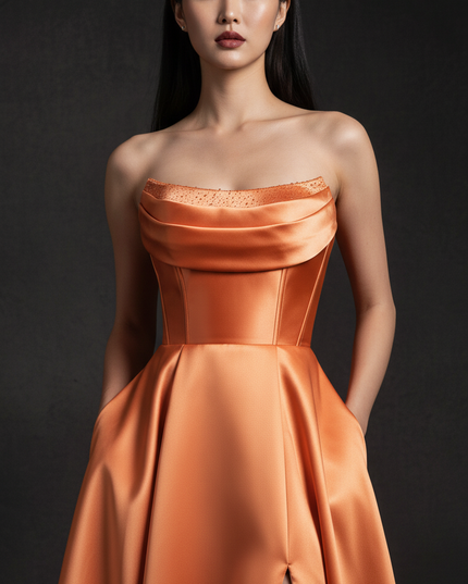 Satinkleid orange - Orangefarbenes Satin Abendkleid Corsage - Ansicht 4
