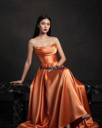 Satinkleid orange - Orangefarbenes Satin Abendkleid Corsage - Ansicht 5