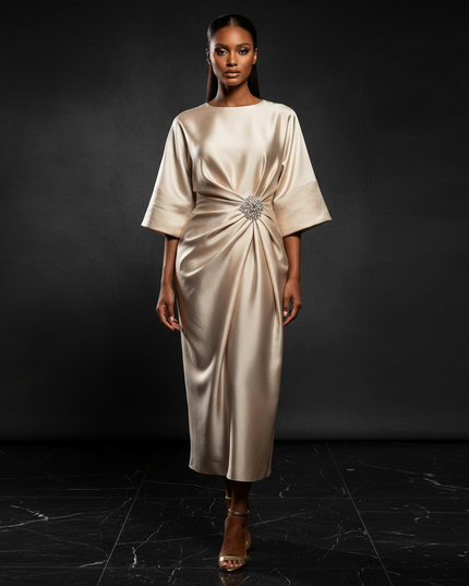 Satin Kleid - Satin Abendkleid Empire Champagner - Halbarm A-Linie - Ansicht 1