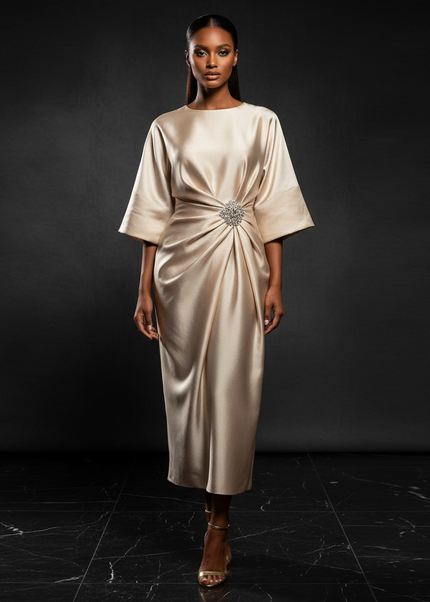 Satin Kleid - Satin Abendkleid Empire Champagner - Halbarm A-Linie - Ansicht 1