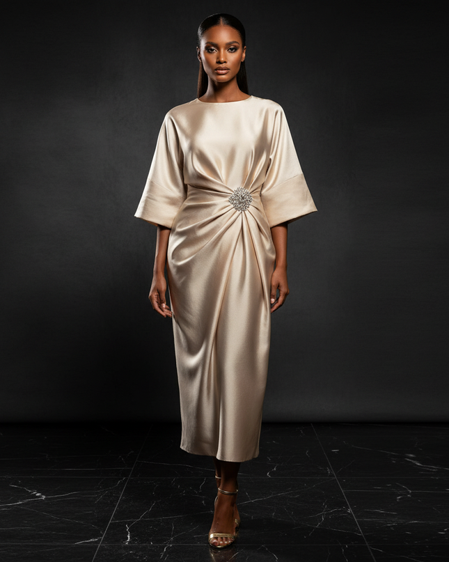 Satin Kleid - Satin Abendkleid Empire Champagner - Halbarm A-Linie - Ansicht 1