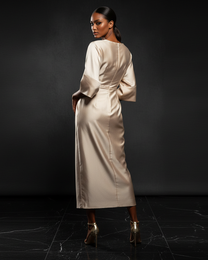 Satin Kleid - Satin Abendkleid Empire Champagner - Halbarm A-Linie - Ansicht 2
