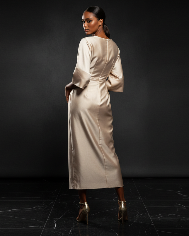 Satin Kleid - Satin Abendkleid Empire Champagner - Halbarm A-Linie - Ansicht 2