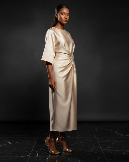 Satin Kleid - Satin Abendkleid Empire Champagner - Halbarm A-Linie - Ansicht 3