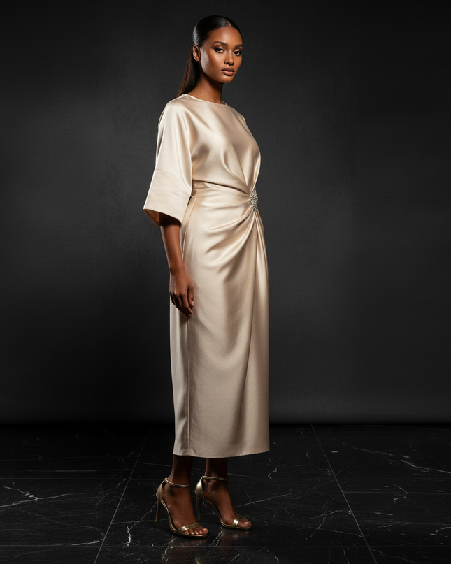 Satin Kleid - Satin Abendkleid Empire Champagner - Halbarm A-Linie - Ansicht 3