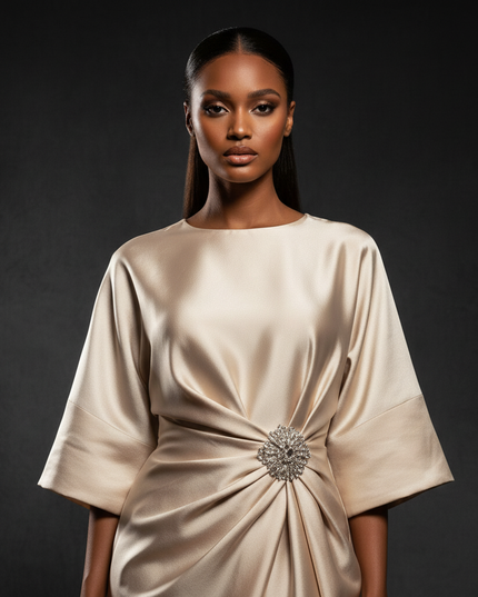 Satin Kleid - Satin Abendkleid Empire Champagner - Halbarm A-Linie - Ansicht 4