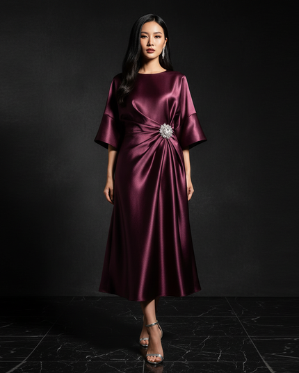 Satin Kleid - Satin Abendkleid Festlich Bordeaux - Halbarm A-Linie - Ansicht 1