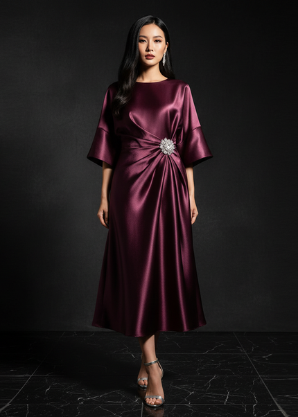 Satin Kleid - Satin Abendkleid Festlich Bordeaux - Halbarm A-Linie - Ansicht 1