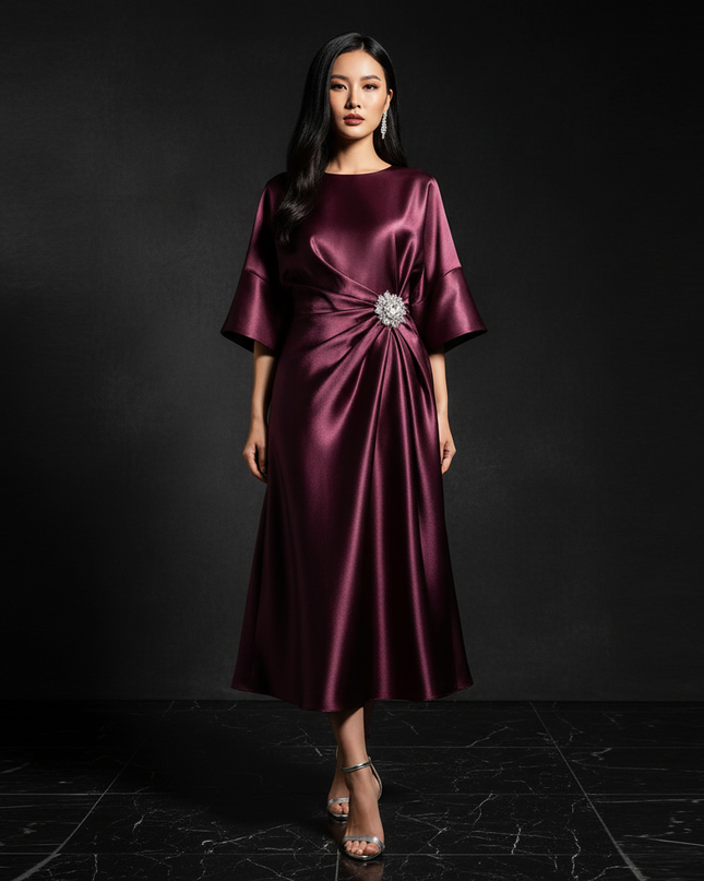 Satin Kleid - Satin Abendkleid Festlich Bordeaux - Halbarm A-Linie - Ansicht 1
