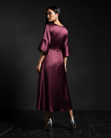 Satin Kleid - Satin Abendkleid Festlich Bordeaux - Halbarm A-Linie - Ansicht 2