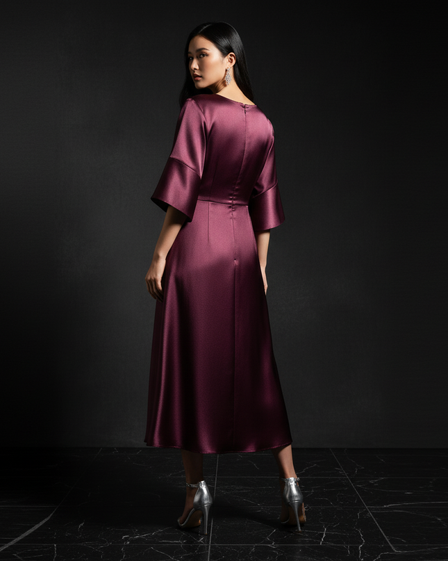 Satin Kleid - Satin Abendkleid Festlich Bordeaux - Halbarm A-Linie - Ansicht 2
