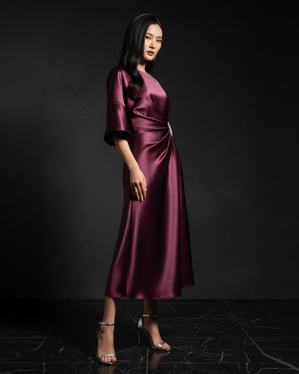 Satin Kleid - Satin Abendkleid Festlich Bordeaux - Halbarm A-Linie - Ansicht 3