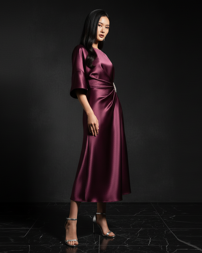 Satin Kleid - Satin Abendkleid Festlich Bordeaux - Halbarm A-Linie - Ansicht 3