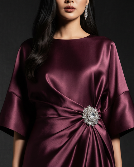 Satin Kleid - Satin Abendkleid Festlich Bordeaux - Halbarm A-Linie - Ansicht 4