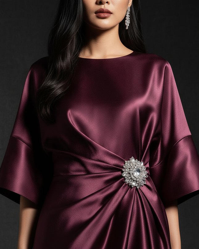 Satin Kleid - Satin Abendkleid Festlich Bordeaux - Halbarm A-Linie - Ansicht 4
