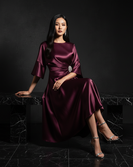 Satin Kleid - Satin Abendkleid Festlich Bordeaux - Halbarm A-Linie - Ansicht 5