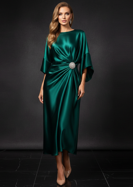 Satin Kleid - Satin Abendkleid Festlich Gruen - Smaragd A-Linie - Ansicht 1