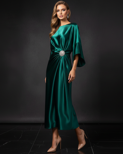 Satin Kleid - Satin Abendkleid Festlich Gruen - Smaragd A-Linie - Ansicht 3