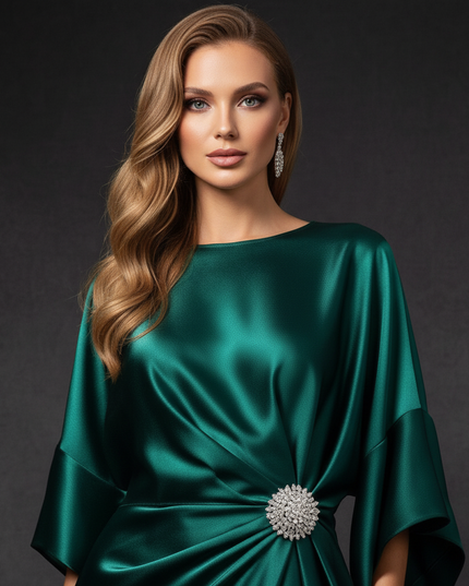 Satin Kleid - Satin Abendkleid Festlich Gruen - Smaragd A-Linie - Ansicht 4