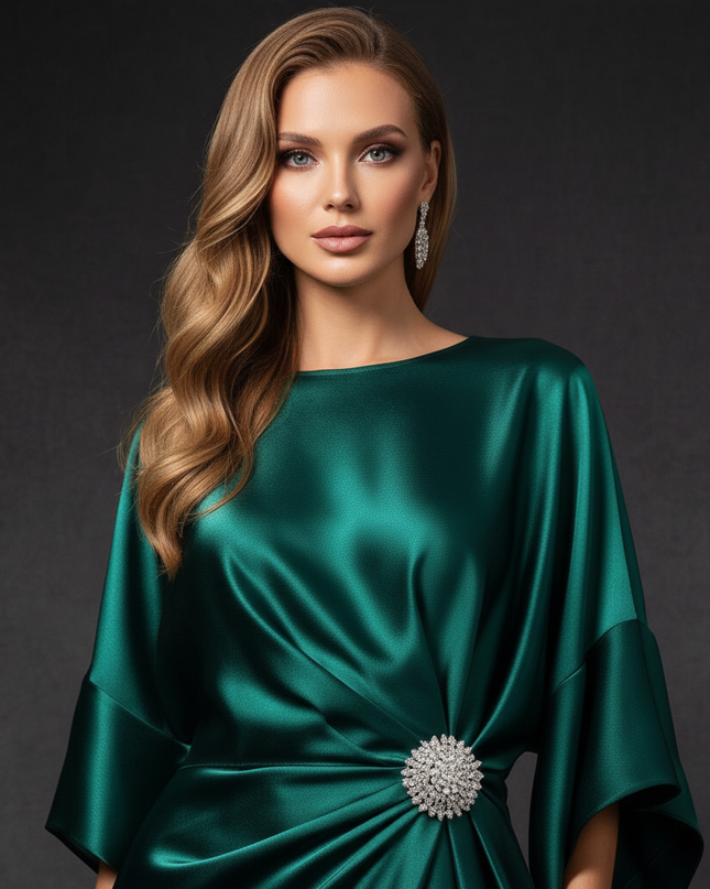 Satin Kleid - Satin Abendkleid Festlich Gruen - Smaragd A-Linie - Ansicht 4