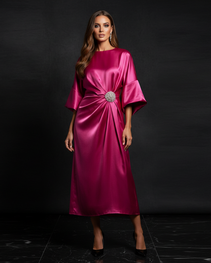 Satin Kleid - Satin Abendkleid Festlich Rosa - Fuchsia A-Linie - Ansicht 1