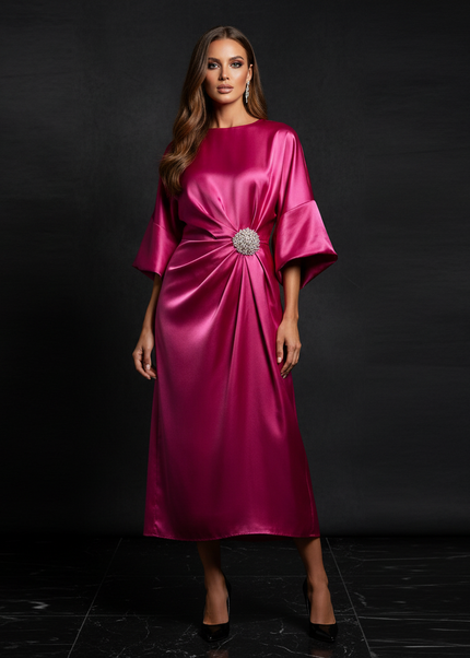 Satin Kleid - Satin Abendkleid Festlich Rosa - Fuchsia A-Linie - Ansicht 1