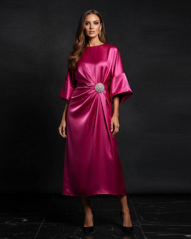 Satin Kleid - Satin Abendkleid Festlich Rosa - Fuchsia A-Linie - Ansicht 1