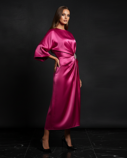 Satin Kleid - Satin Abendkleid Festlich Rosa - Fuchsia A-Linie - Ansicht 3