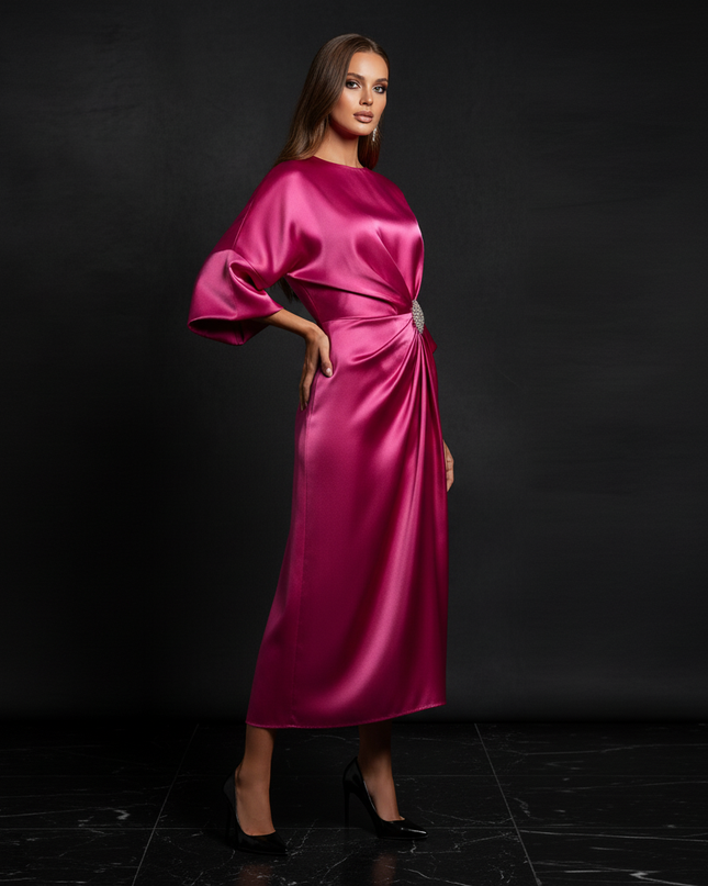 Satin Kleid - Satin Abendkleid Festlich Rosa - Fuchsia A-Linie - Ansicht 3