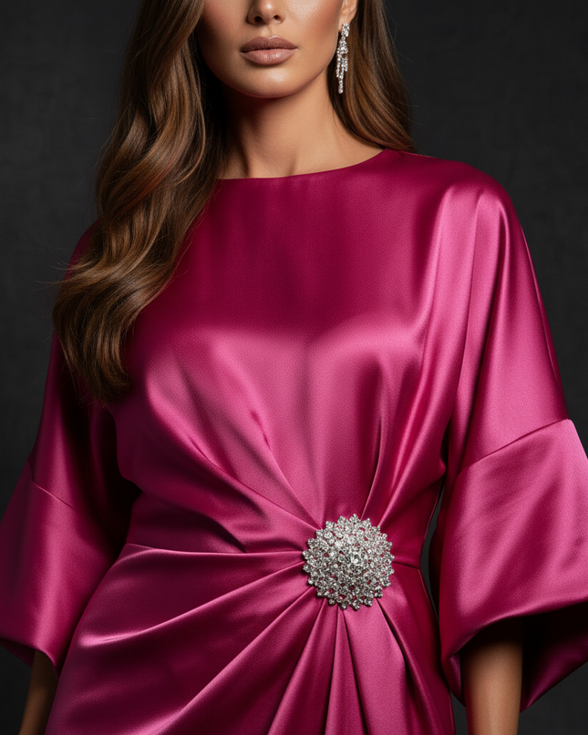 Satin Kleid - Satin Abendkleid Festlich Rosa - Fuchsia A-Linie - Ansicht 4