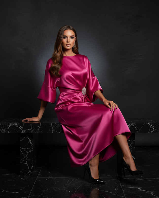 Satin Kleid - Satin Abendkleid Festlich Rosa - Fuchsia A-Linie - Ansicht 5