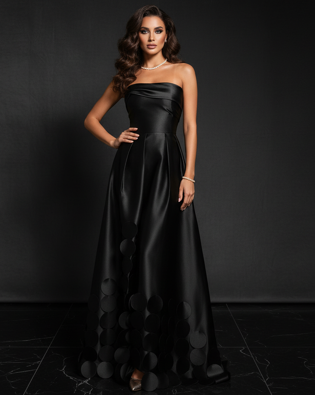 Satin Kleid Black - Festlich Abendkleid Traegerlos Hochgeschnuert Satin - Ansicht 1