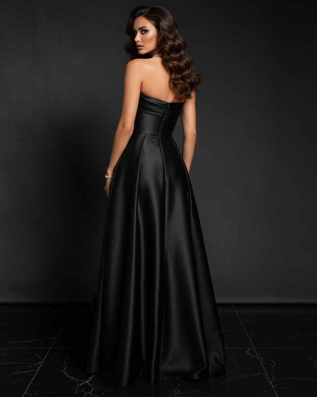 Satin Kleid Black - Festlich Abendkleid Traegerlos Hochgeschnuert Satin - Ansicht 2