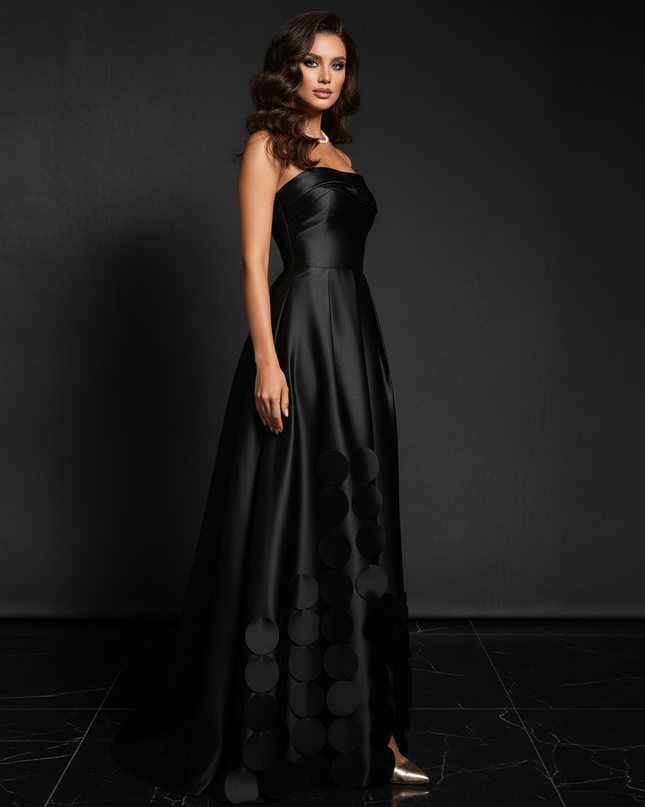 Satin Kleid Black - Festlich Abendkleid Traegerlos Hochgeschnuert Satin - Ansicht 3