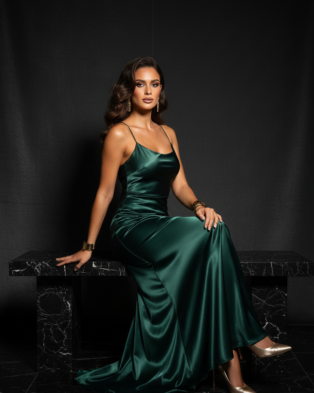 Satin Kleid - Satin Abendkleid Festlich Gruen - Lace-Up Rueckenfrei - Ansicht 5