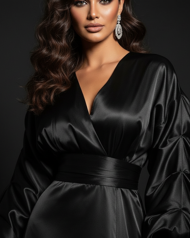 Satin Kleid Black - Figurbetonend Abendkleid Satin Schlicht Bodenlang - Ansicht 4