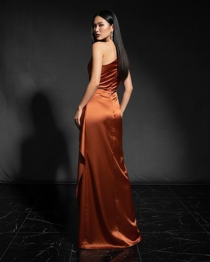 Satin Kleid - Satin Abendkleid Figurbetonend - One-Shoulder Schlitz - Ansicht 2