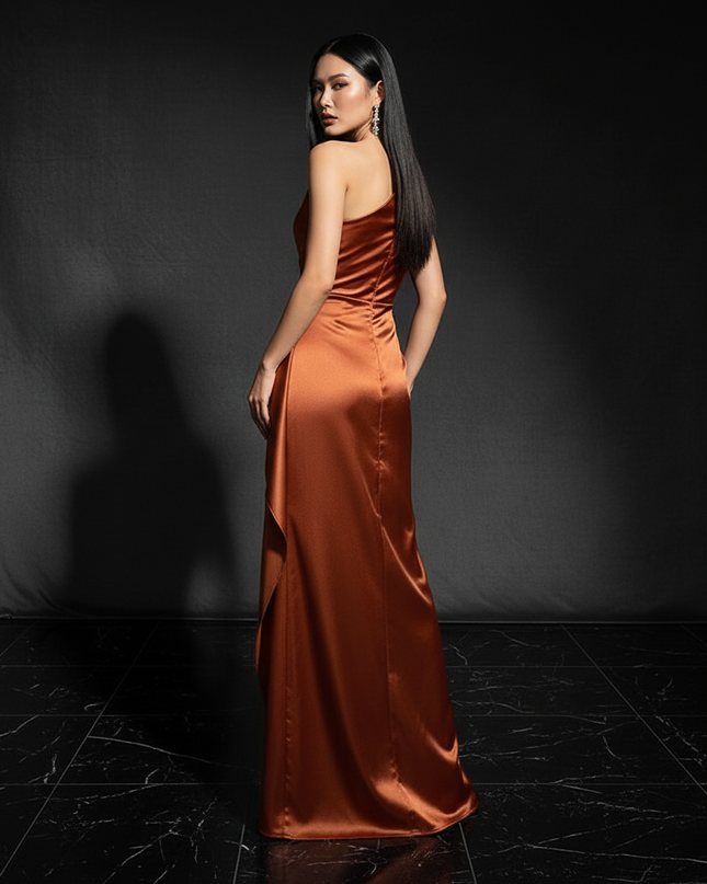 Satin Kleid - Satin Abendkleid Figurbetonend - One-Shoulder Schlitz - Ansicht 2