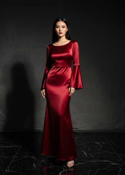 Satin Kleid Red - Satin Abendkleid Flatteraermel Bordeaux - Lang Elegant - Ansicht 1