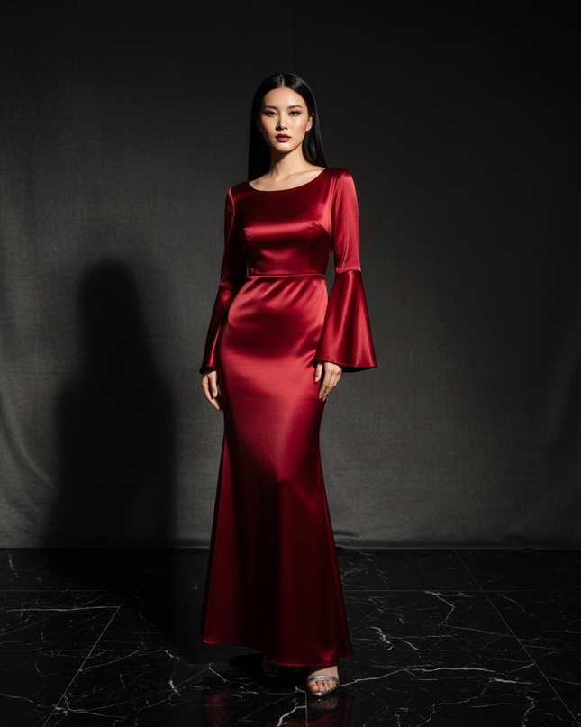 Satin Kleid Red - Satin Abendkleid Flatteraermel Bordeaux - Lang Elegant - Ansicht 1