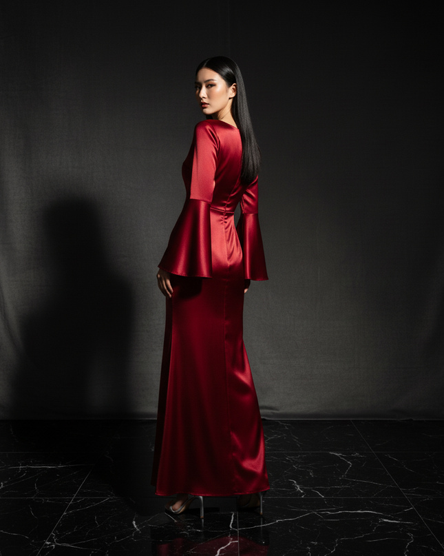 Satin Kleid Red - Satin Abendkleid Flatteraermel Bordeaux - Lang Elegant - Ansicht 2
