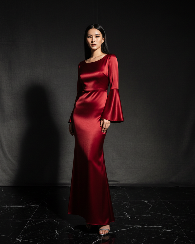 Satin Kleid Red - Satin Abendkleid Flatteraermel Bordeaux - Lang Elegant - Ansicht 3
